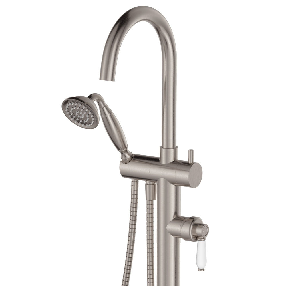 Fienza Eleanor Floor Mixer And Shower, Brushed Nickel White Handle