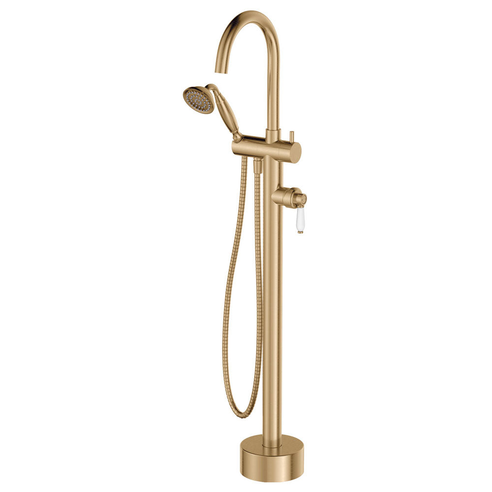 Fienza Eleanor Floor Mixer And Shower, Urban Brass White Handle