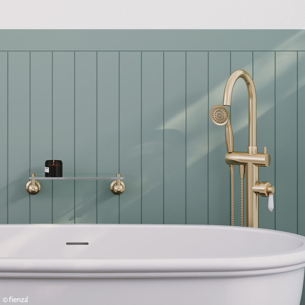 Fienza Eleanor Floor Mixer And Shower, Urban Brass White Handle