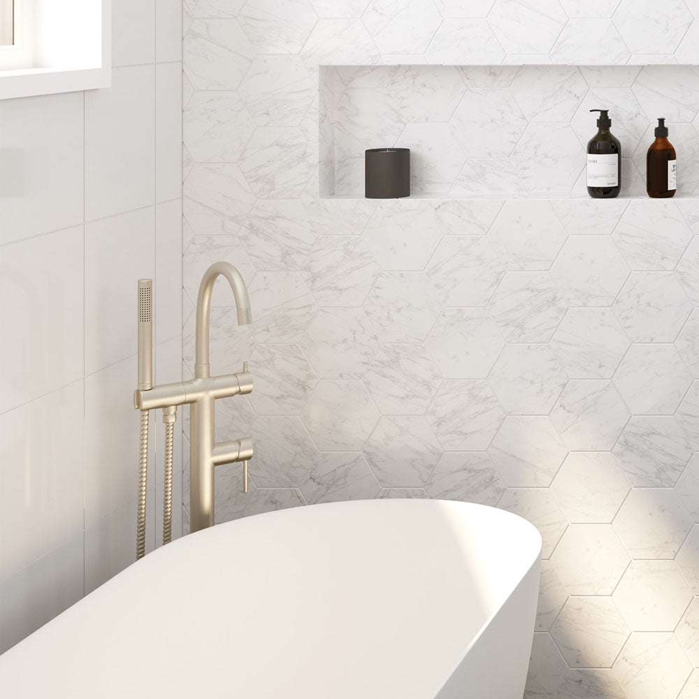 Fienza Kaya Floor Mounted Bath Mixer With Hand Shower, Brushed Nickel