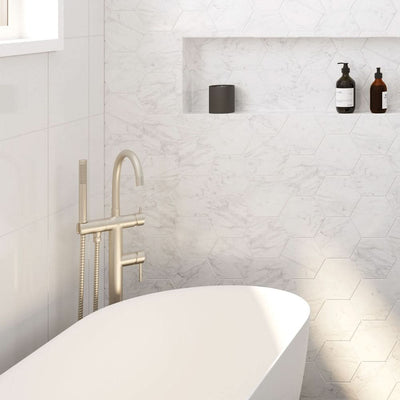 Fienza Kaya Floor Mounted Bath Mixer With Hand Shower, Brushed Nickel