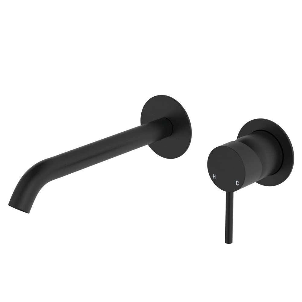 Fienza Kaya Basin/Bath Wall Mixer Set Round Plates 200mm Outlet, Matte Black