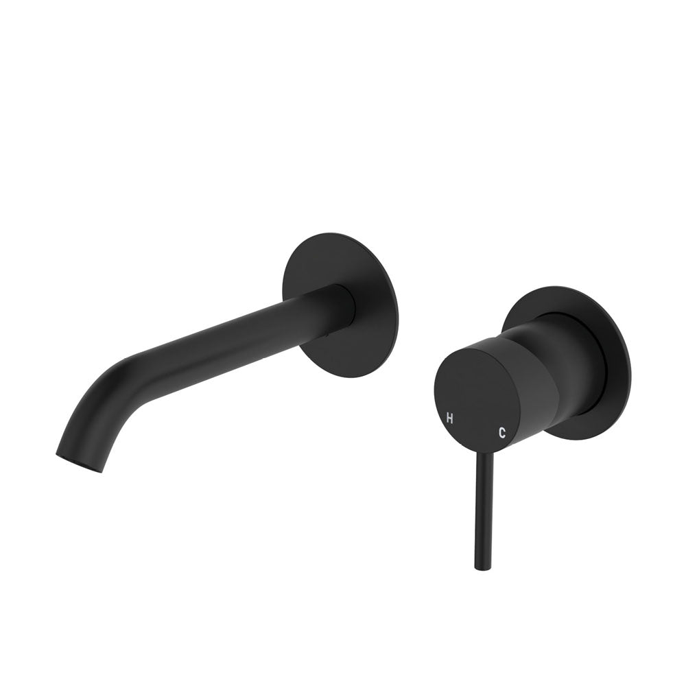 Fienza Kaya Basin/Bath Wall Mixer Set Round Plates 160mm Outlet, Matte Black