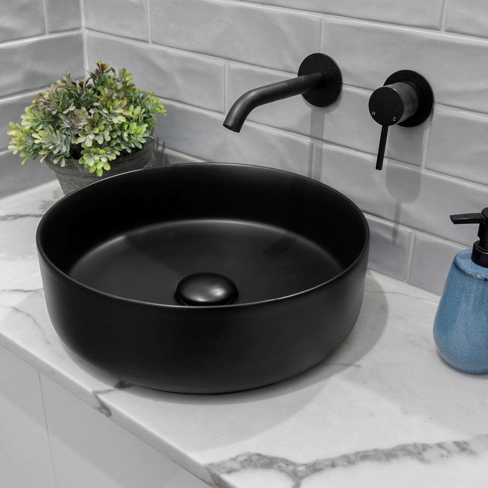 Fienza Kaya Basin/Bath Wall Mixer Set Round Plates 160mm Outlet, Matte Black