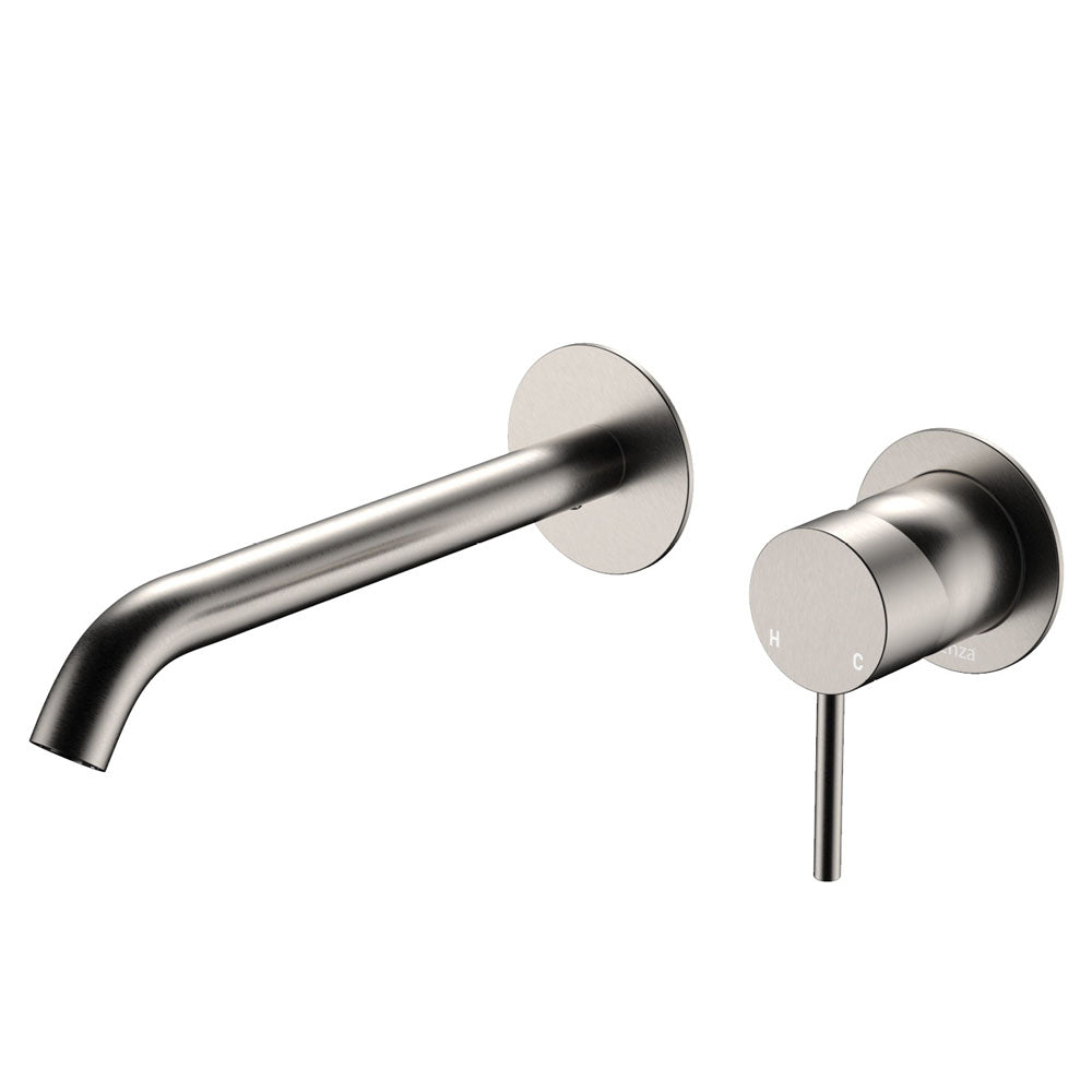 Fienza Kaya Basin/Bath Wall Mixer Set Round Plates 200mm Outlet, Brushed Nickel