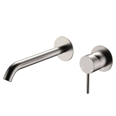 Fienza Kaya Basin/Bath Wall Mixer Set Round Plates 200mm Outlet, Brushed Nickel