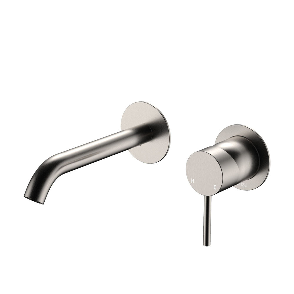 Fienza Kaya Basin/Bath Wall Mixer Set Round Plates 160mm Outlet, Brushed Nickel