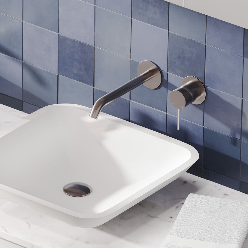 Fienza Kaya Basin/Bath Wall Mixer Set Round Plates 160mm Outlet, Brushed Nickel