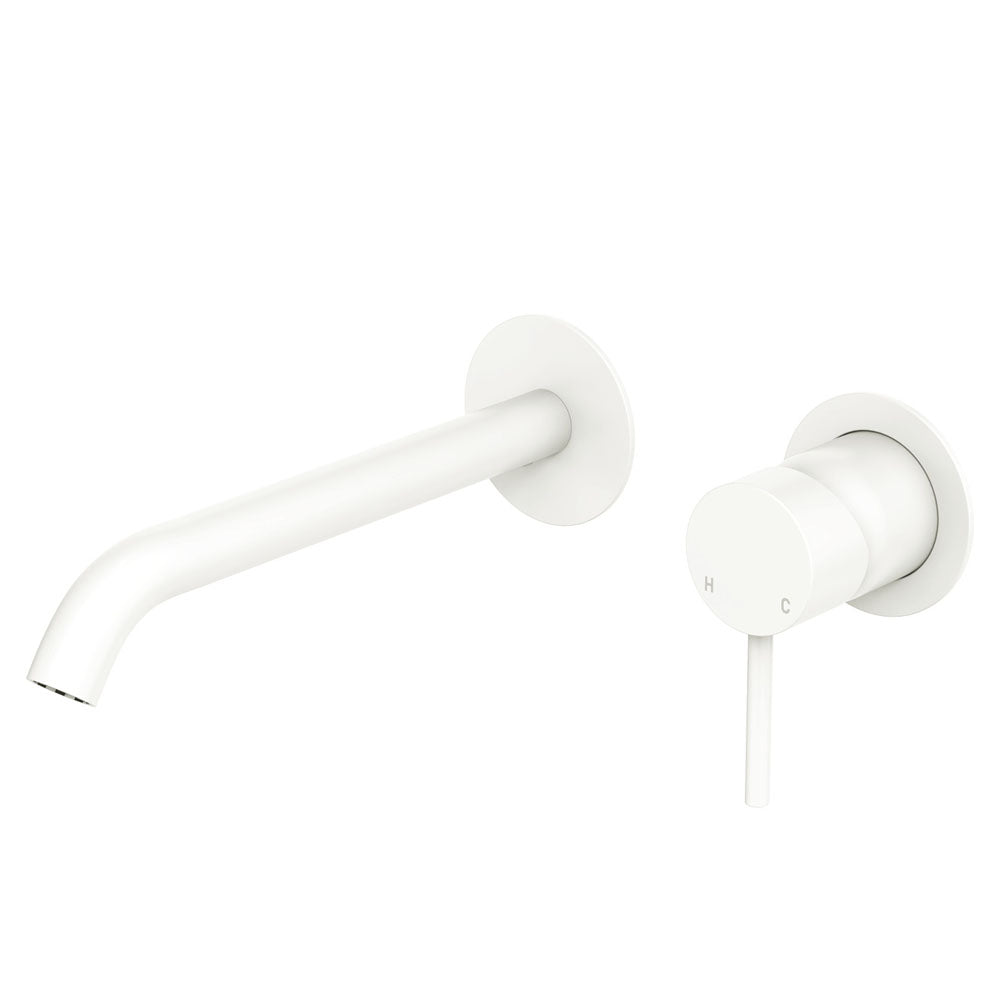 Fienza Kaya Basin/Bath Wall Mixer Set Round Plates 200mm Outlet, Matte White