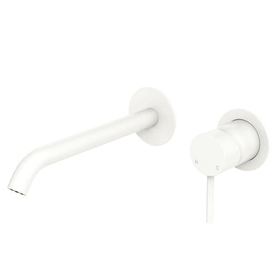 Fienza Kaya Basin/Bath Wall Mixer Set Round Plates 200mm Outlet, Matte White