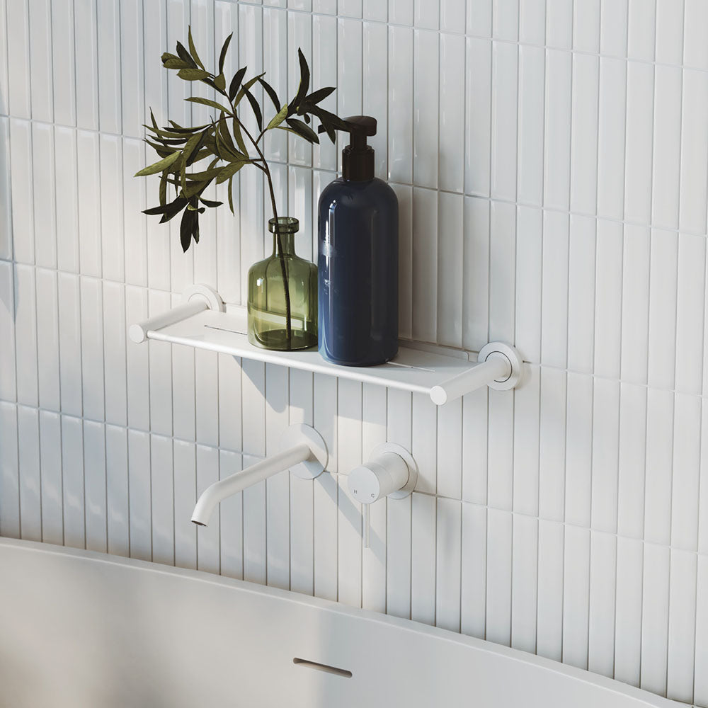 Fienza Kaya Basin/Bath Wall Mixer Set Round Plates 200mm Outlet, Matte White