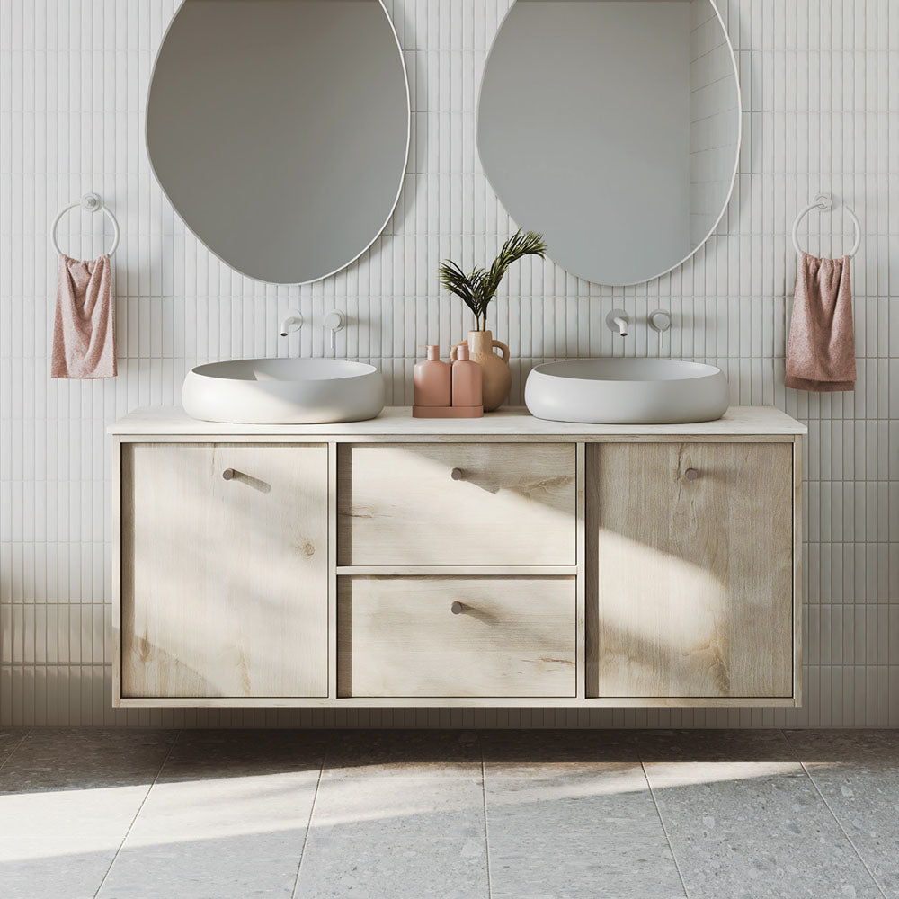 Fienza Kaya Basin/Bath Wall Mixer Set Round Plates 200mm Outlet, Matte White