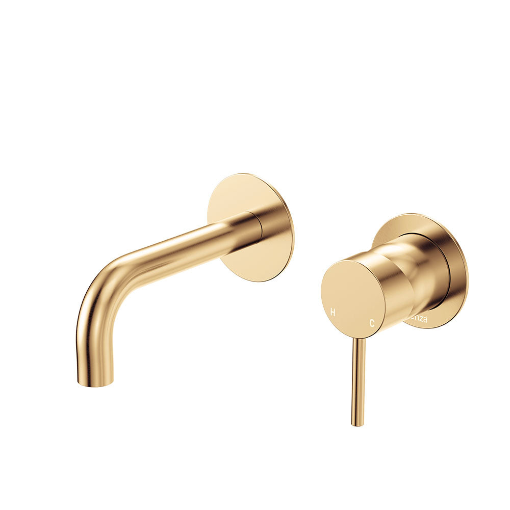 Fienza Kaya Basin/Bath Wall Mixer Set Round Plates 130mm Outlet, Urban Brass