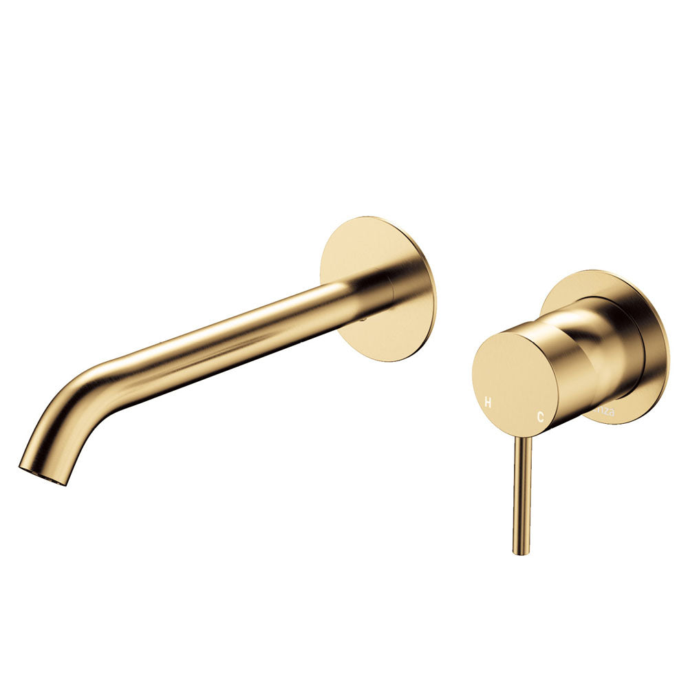 Fienza Kaya Basin/Bath Wall Mixer Set Round Plates 200mm Outlet, Urban Brass