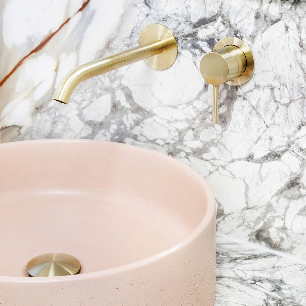 Fienza Kaya Basin/Bath Wall Mixer Set Round Plates 200mm Outlet, Urban Brass