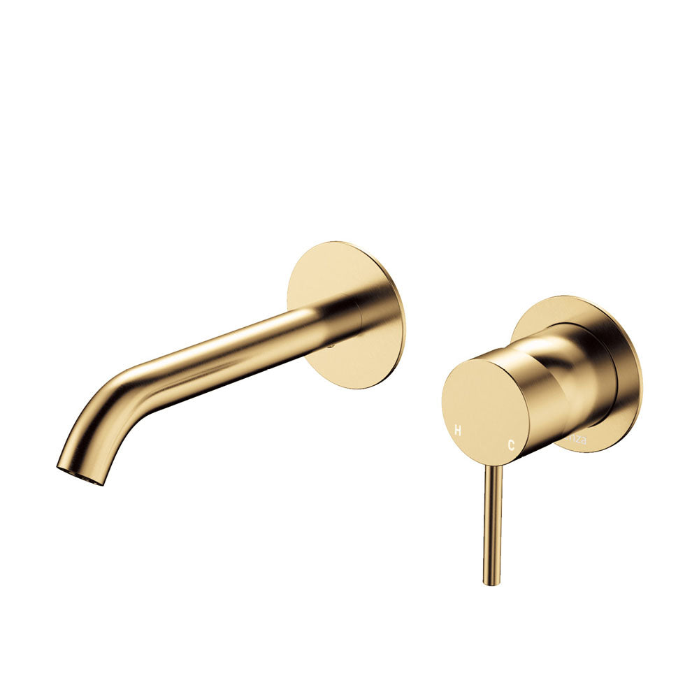 Fienza Kaya Basin/Bath Wall Mixer Set Round Plates 160mm Outlet, Urban Brass