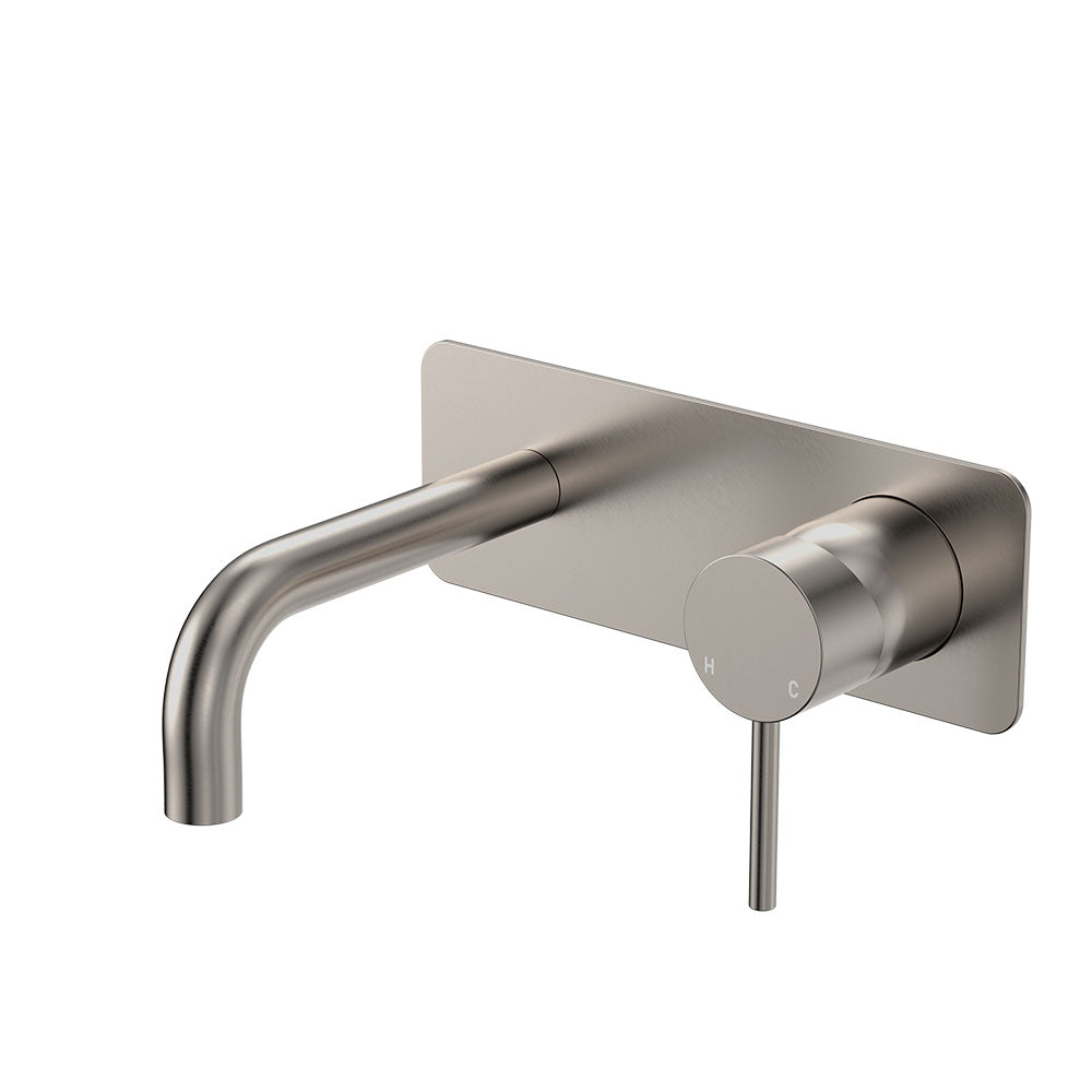 Fienza Kaya Basin/Bath Wall Mixer 130mm Outlet Set Dress Kit Rectangular Plate, Brushed Nickel