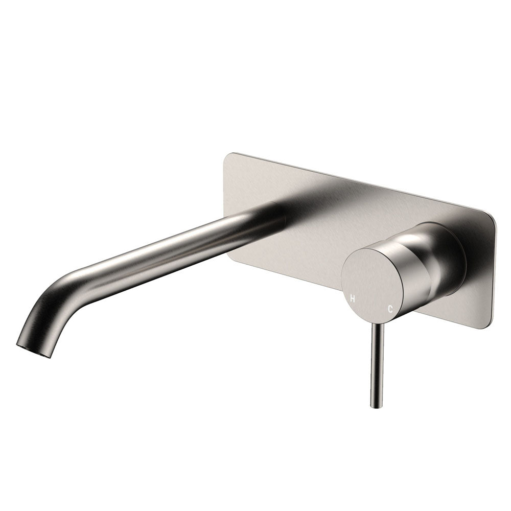 Fienza Kaya Basin/Bath Wall Mixer Set Rectangular Plate 200mm Outlet, Brushed Nickel