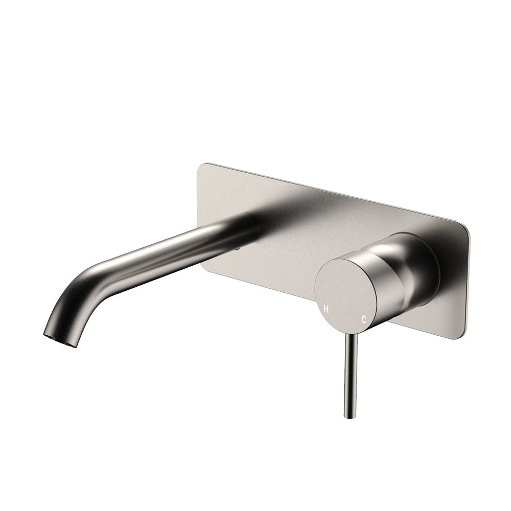 Fienza Kaya Basin/Bath Wall Mixer Set Rectangular Plate 160mm Outlet, Brushed Nickel