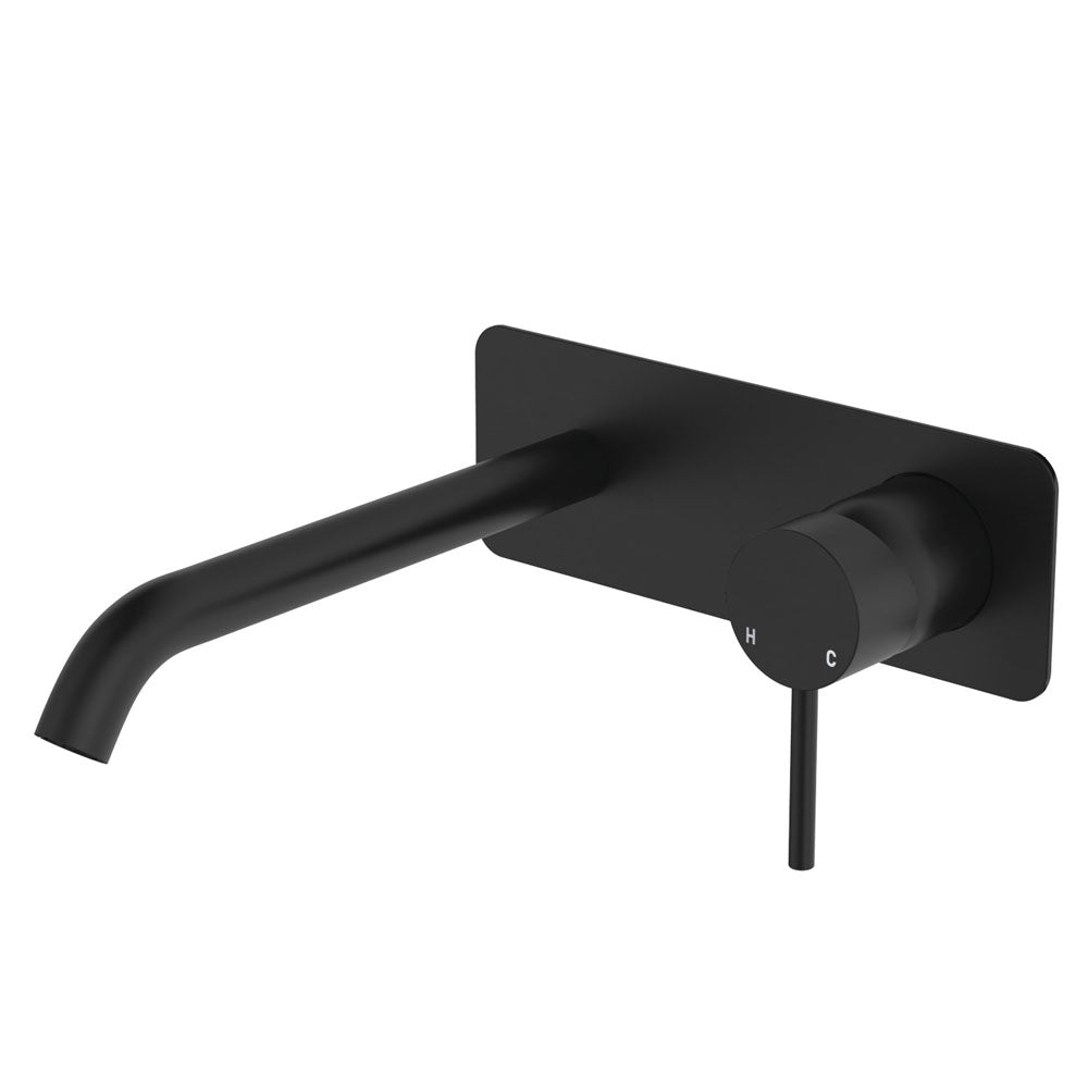 Fienza Kaya Basin/Bath Wall Mixer 160mm Outlet Set Soft Square Plate, Matte Black