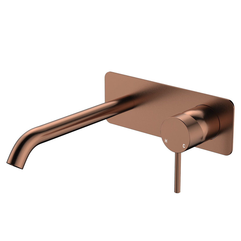 Fienza Kaya Basin/Bath Wall Mixer Set Rectangular Plate 200mm Outlet, Brushed Copper