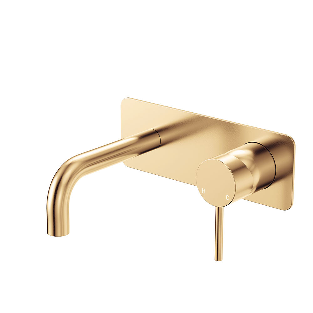 Fienza Kaya Basin/Bath Wall Mixer Set Rectangular Plate 130mm Outlet, Urban Brass