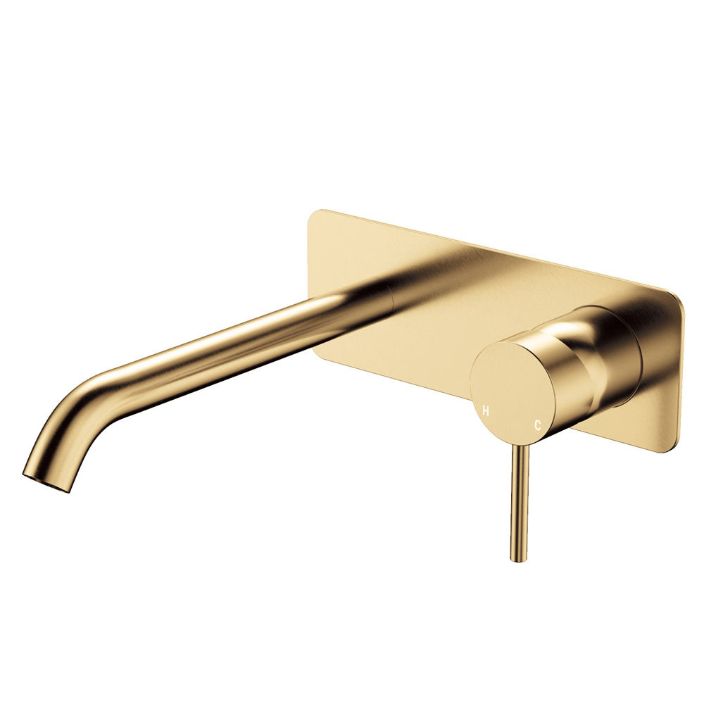 Fienza Kaya Basin/Bath Wall Mixer Set Rectangular Plate 200mm Outlet, Urban Brass