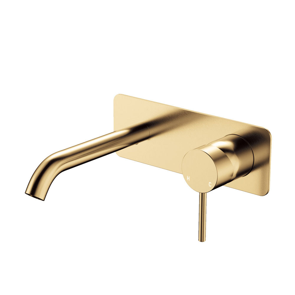Fienza Kaya Basin/Bath Wall Mixer Set Rectangular Plate 160mm Outlet, Urban Brass