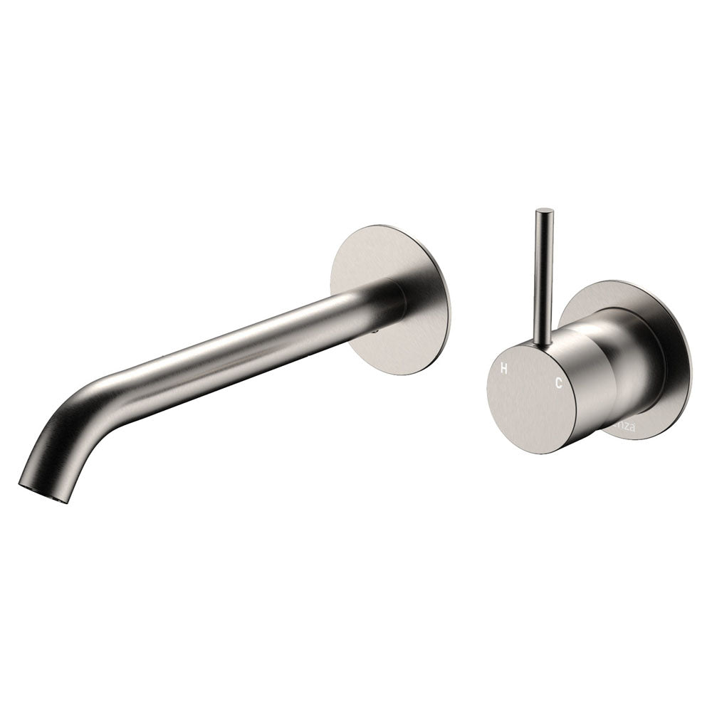 Fienza Kaya Up Basin/Bath Wall Mixer Set Round Plates 200mm Outlet, Brushed Nickel