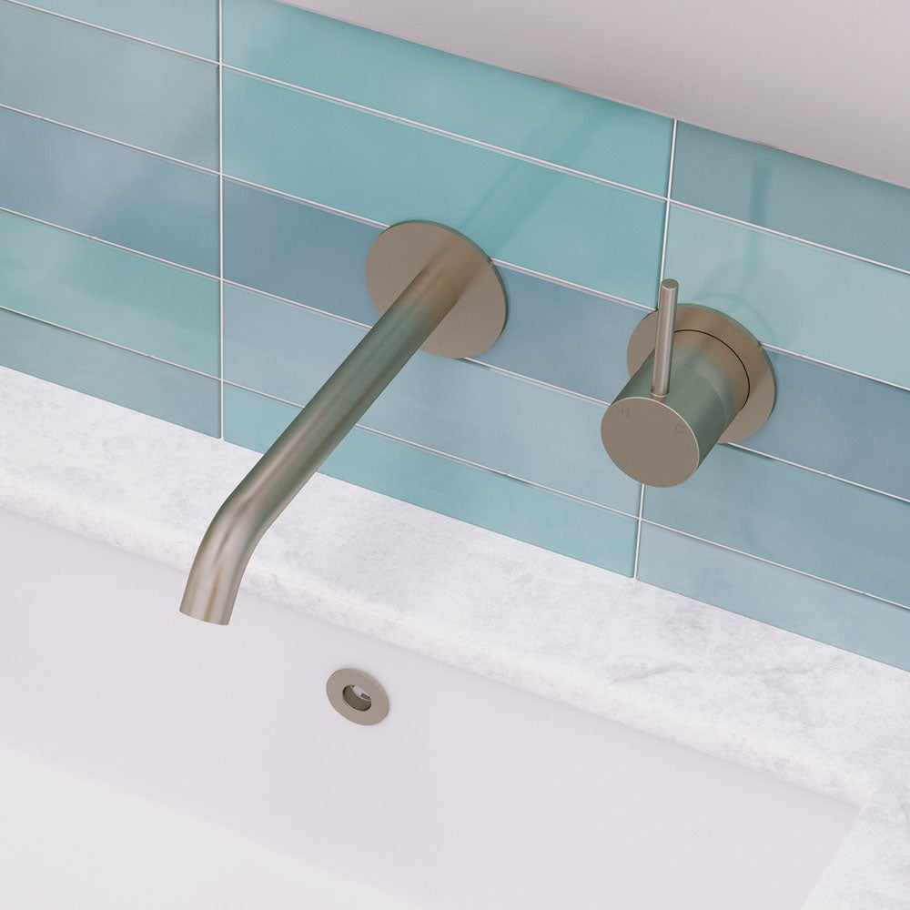 Fienza Kaya Up Basin/Bath Wall Mixer Set Round Plates 200mm Outlet, Brushed Nickel