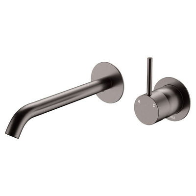 Fienza Kaya Up Basin/Bath Wall Mixer Set Round Plates 200mm Outlet, Gun Metal