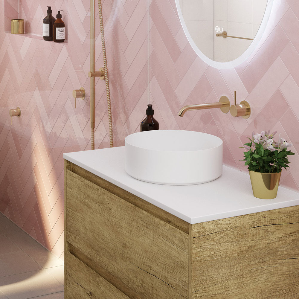Fienza Kaya Up Basin/Bath Wall Mixer Set Round Plates 200mm Outlet, Urban Brass