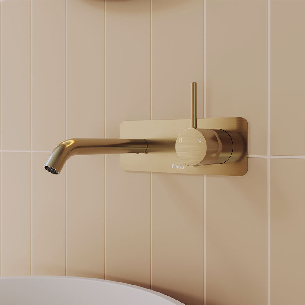 Fienza Kaya Up Basin/Bath Wall Mixer Set Rectangular Plate 160mm Outlet, Urban Brass
