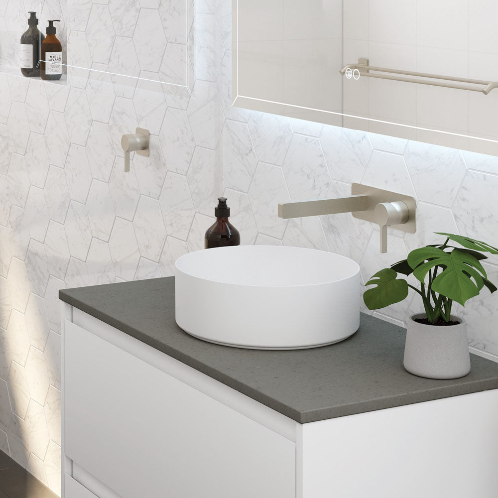 Fienza Sansa Wall Basin Mixer Set Square Plate 180mm Outlet, Brushed Nickel