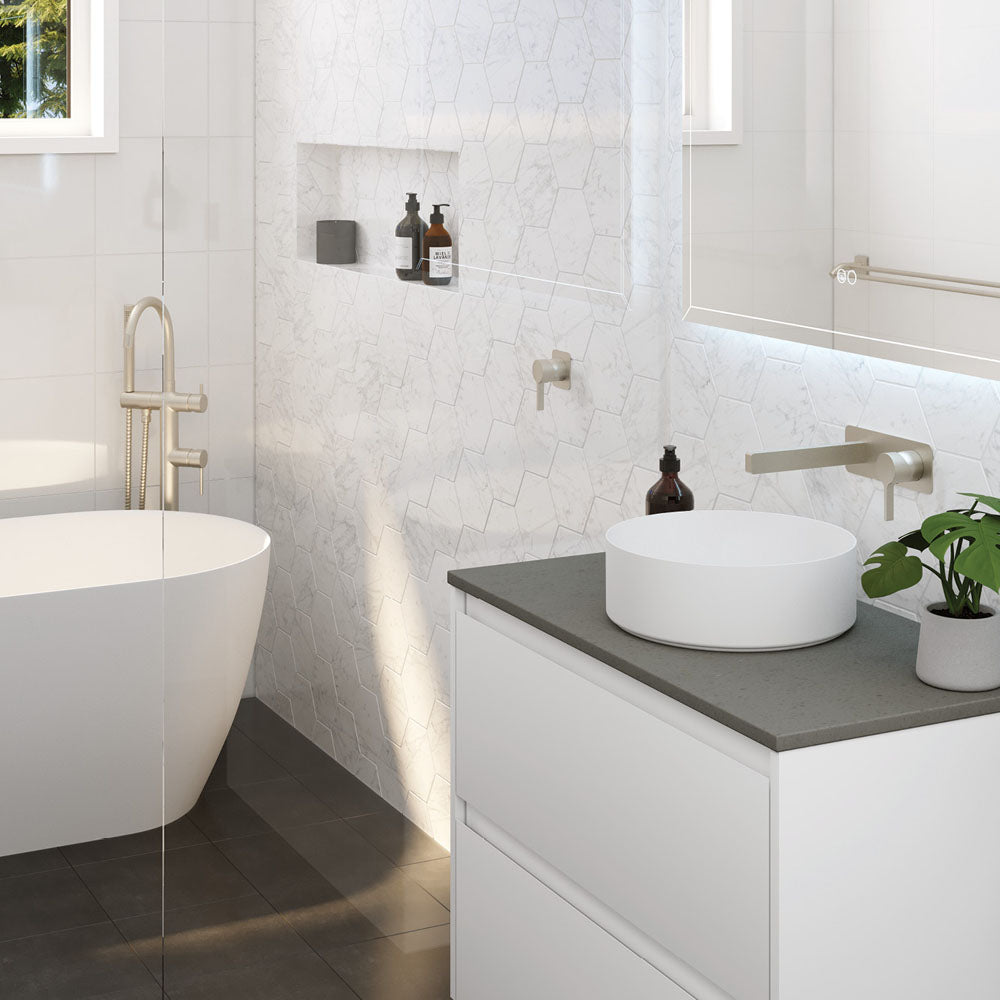 Fienza Sansa Wall Basin Mixer Set Square Plate 180mm Outlet, Brushed Nickel