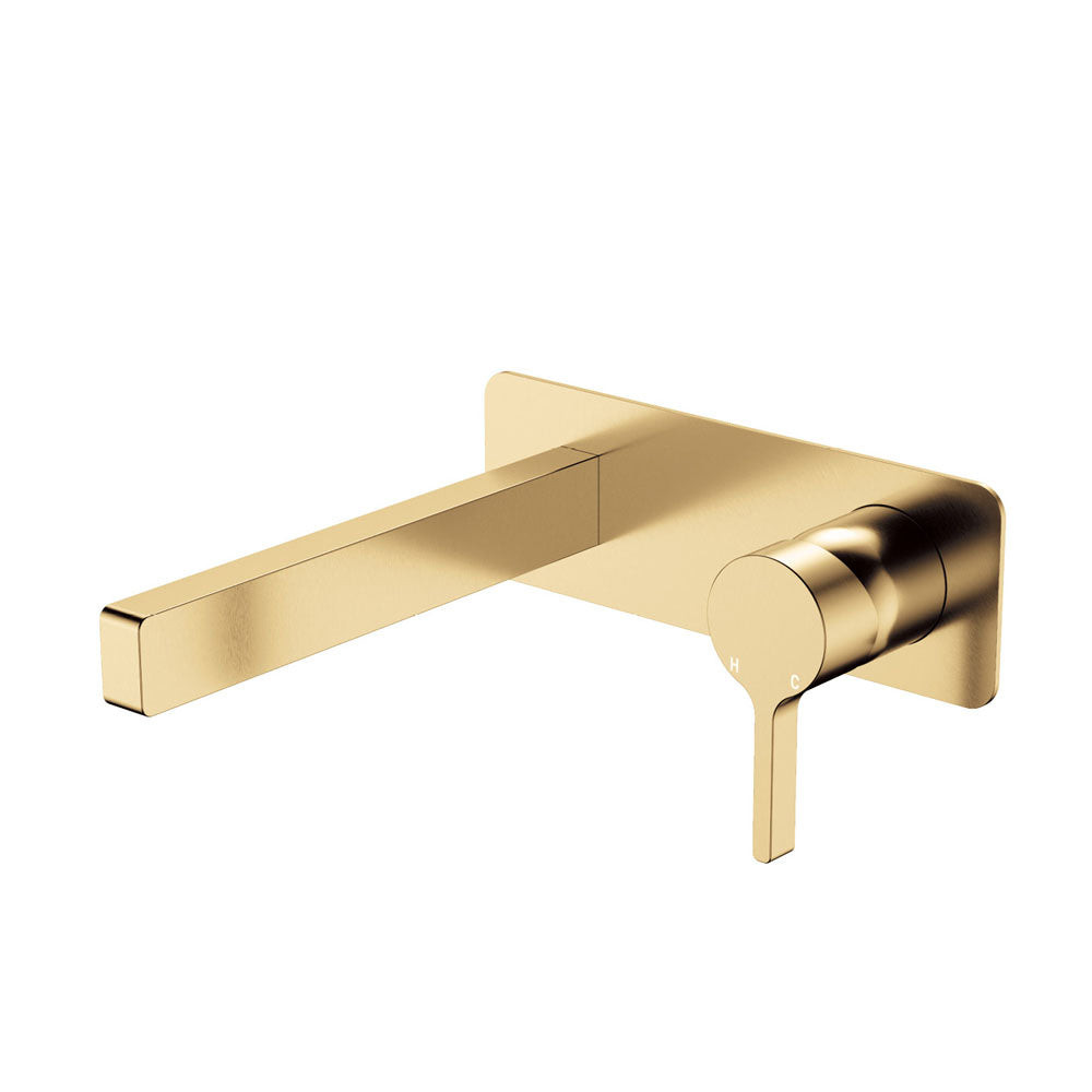 Fienza Sansa Wall Basin Mixer Set Square Plate 180mm Outlet, Urban Brass