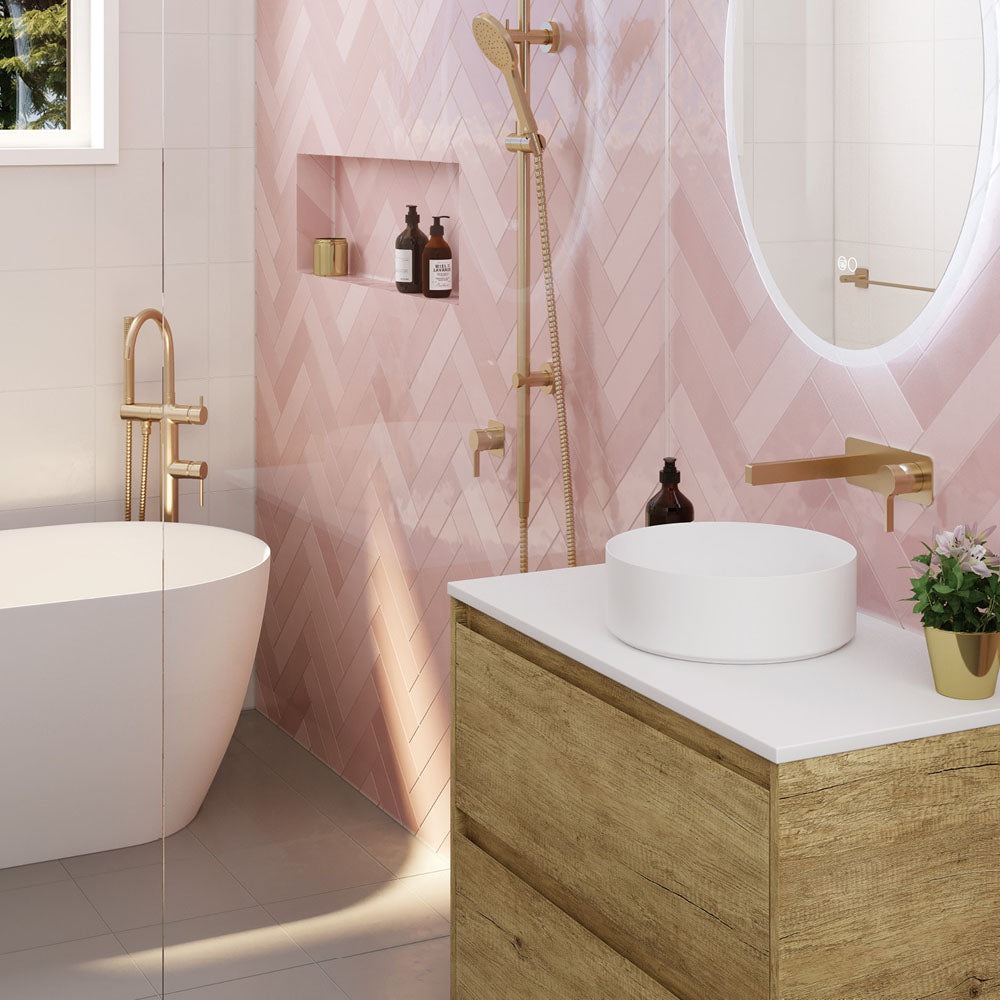 Fienza Sansa Wall Basin Mixer Set Square Plate 180mm Outlet, Urban Brass