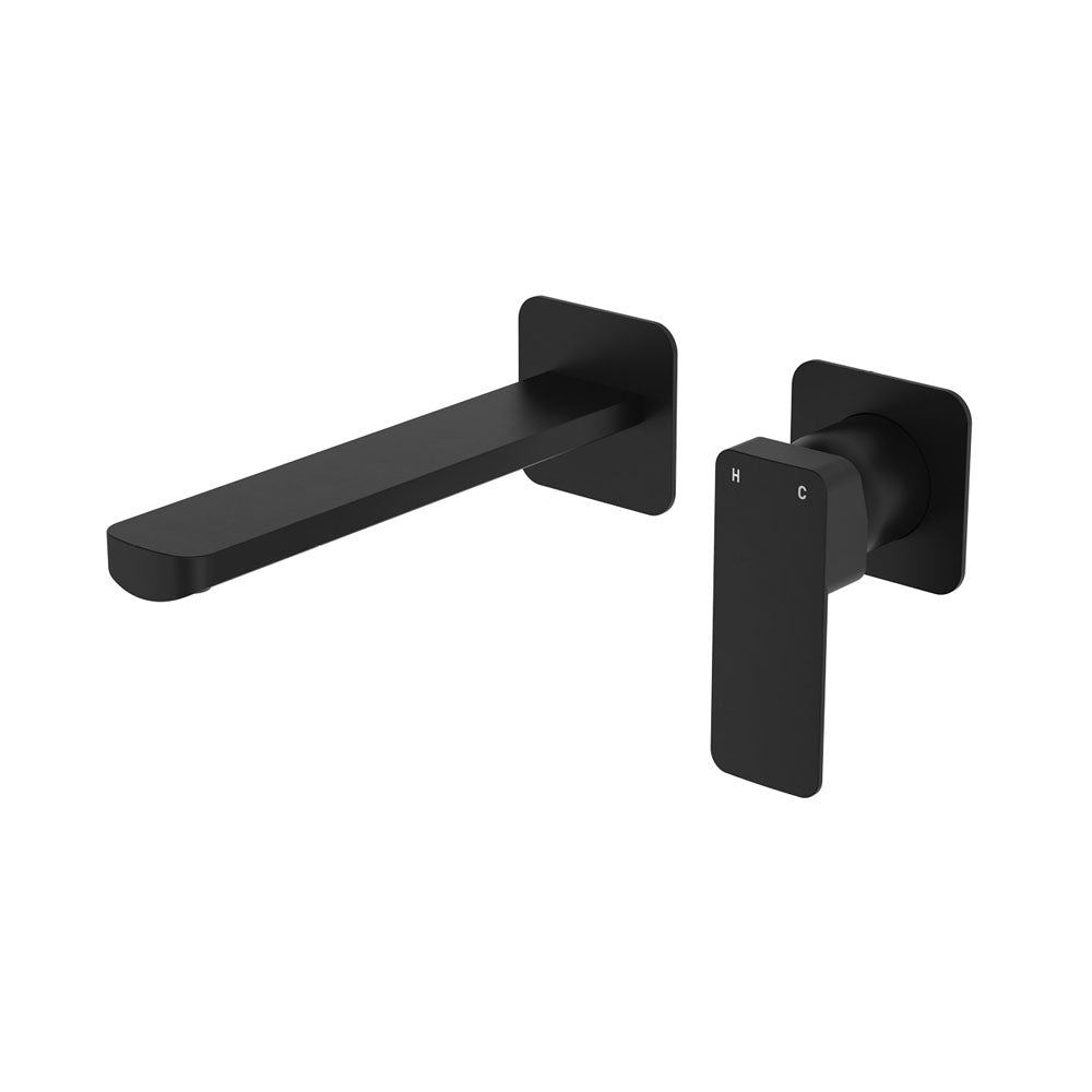 Fienza Tono Basin/Bath Wall Mixer Set 200mm Outlet Sm Square Plates, Matte Black