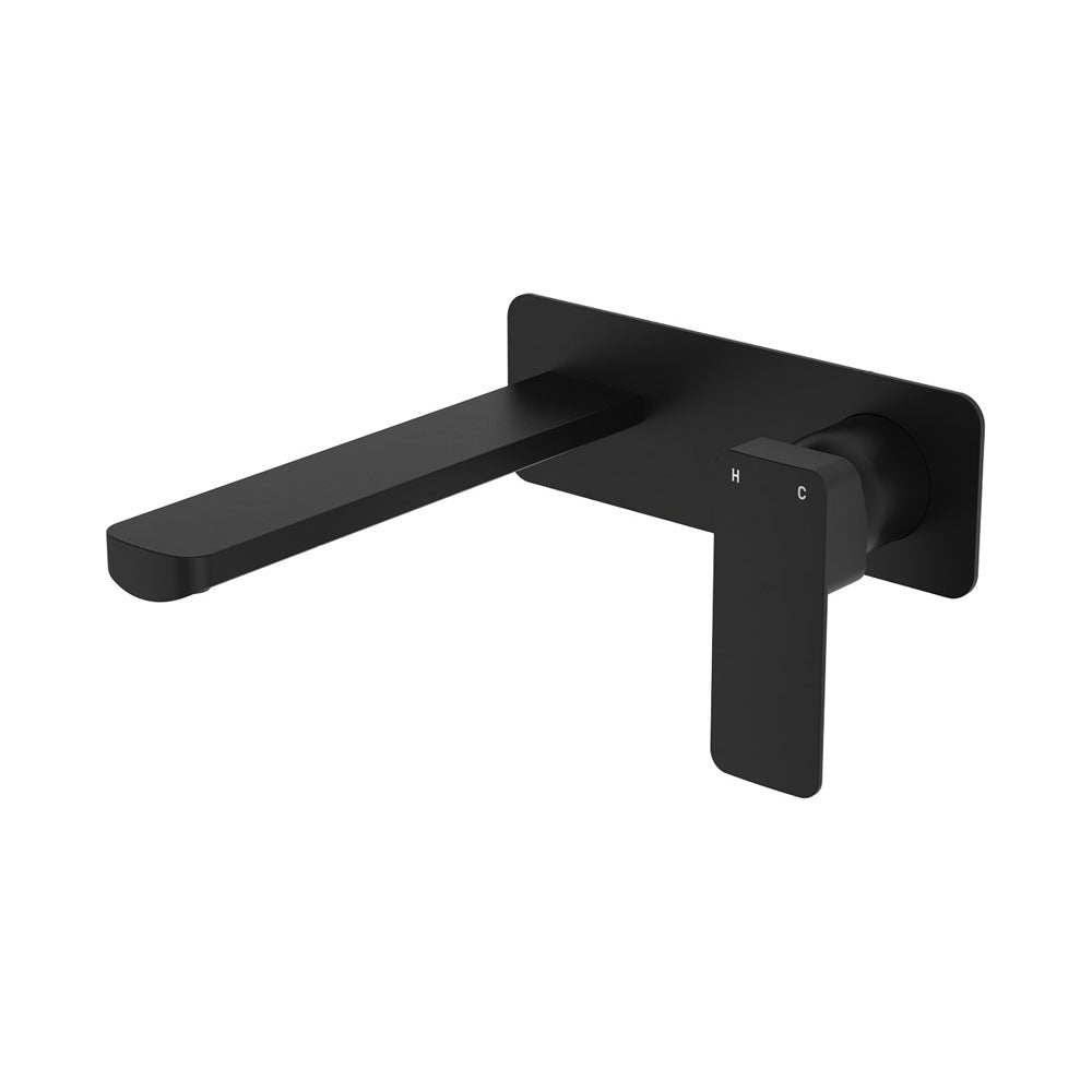 Fienza Tono Basin/Bath Wall Mixer Set 200mm Outlet Large Rectangular Plate, Matte Black
