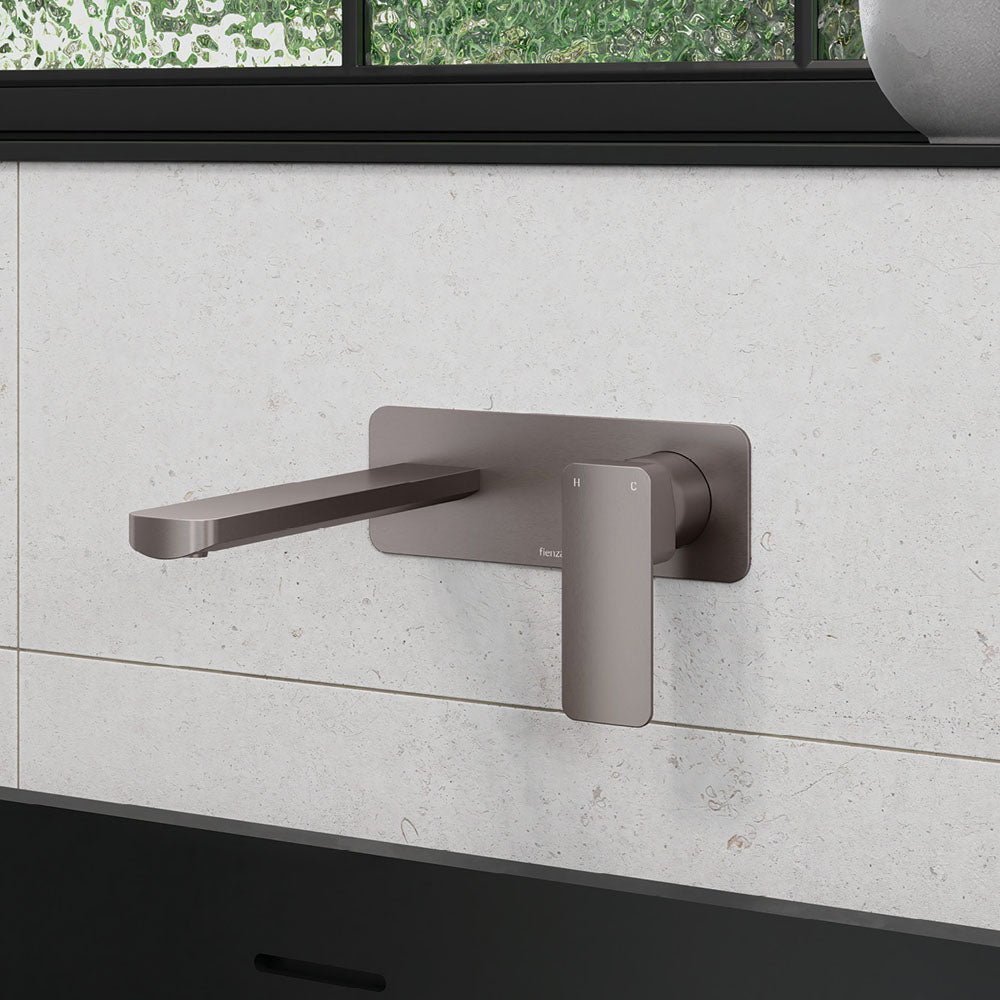 Fienza Tono Basin/Bath Wall Mixer Set 160mm Outlet Large Rectangular Plate, Gun Metal