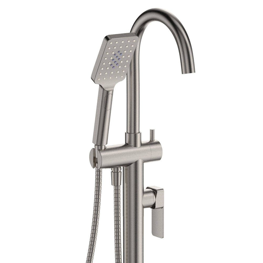 Fienza Tono Floor Mounted Bath Mixer With Hand Shower, Brushed Nickel