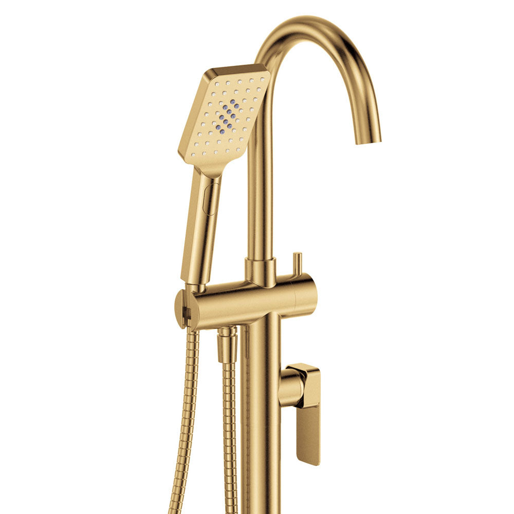 Fienza Tono Floor Mounted Bath Mixer With Hand Shower, Urban Brass