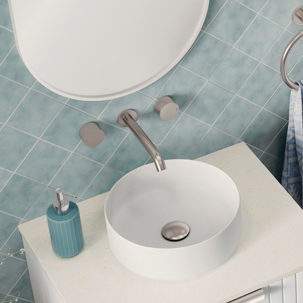 Fienza Kaya Round Taps Wall Basin/Bath 180mm Outlet Set, Brushed Nickel