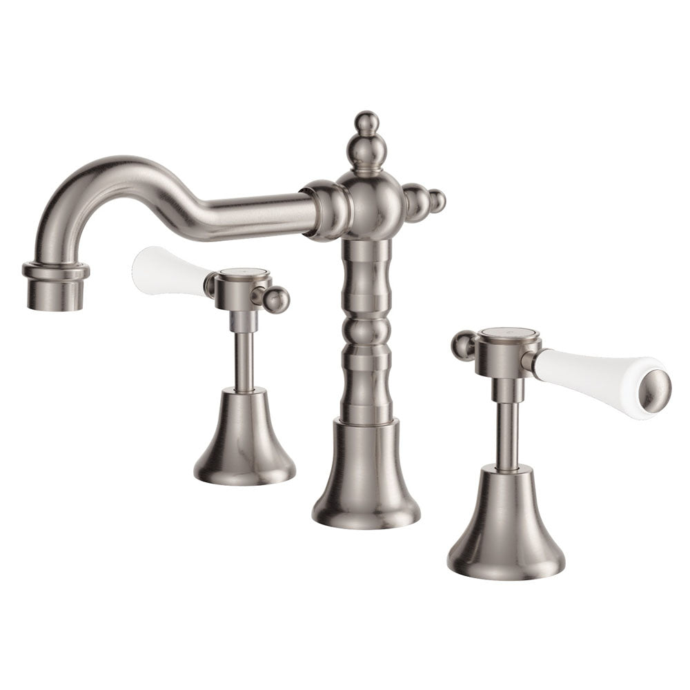 Fienza Lillian Lever Shepherd's Crook Basin Set, Brushed Nickel White Handle