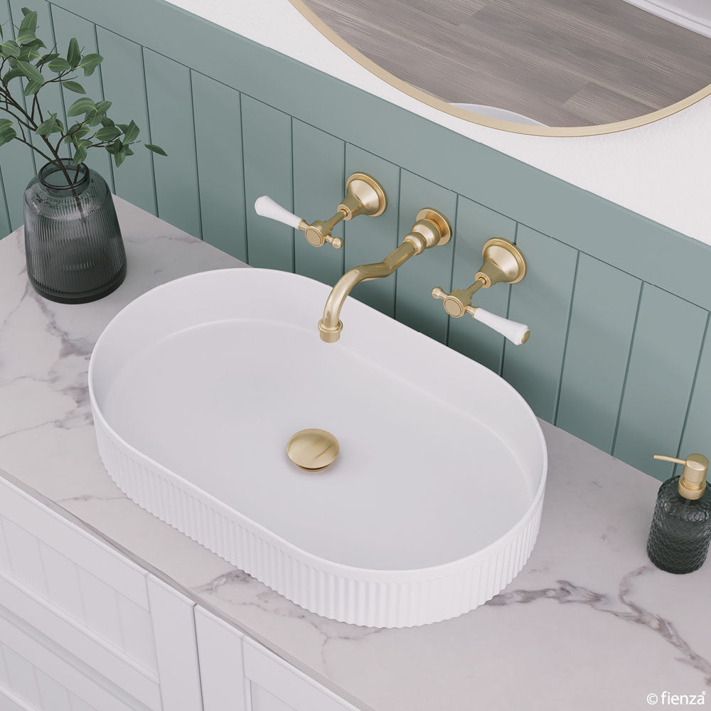 Fienza Lillian Lever Shepherd's Crook Basin Set, Urban Brass White Handle