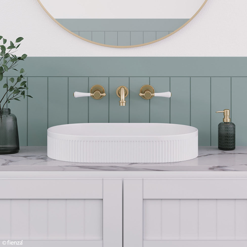 Fienza Lillian Lever Shepherd's Crook Basin Set, Urban Brass White Handle