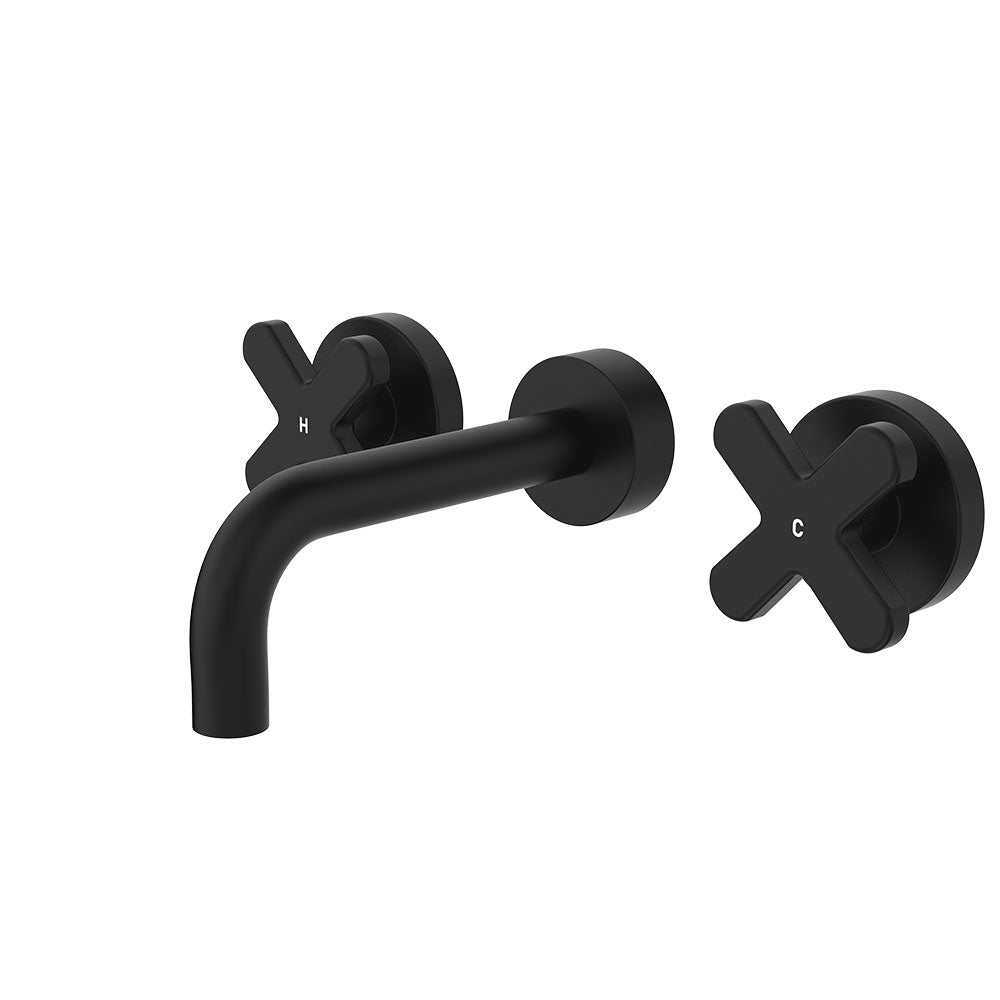 Fienza Kaya Cross Taps Wall Basin/Bath 130mm Outlet Set, Matte Black