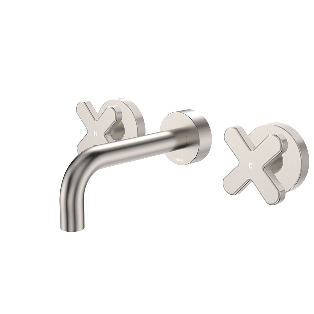 Fienza Kaya Cross Taps Wall Basin/Bath 130mm Outlet Set, Brushed Nickel