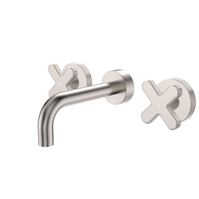 Fienza Kaya Cross Taps Wall Basin/Bath 130mm Outlet Set, Brushed Nickel
