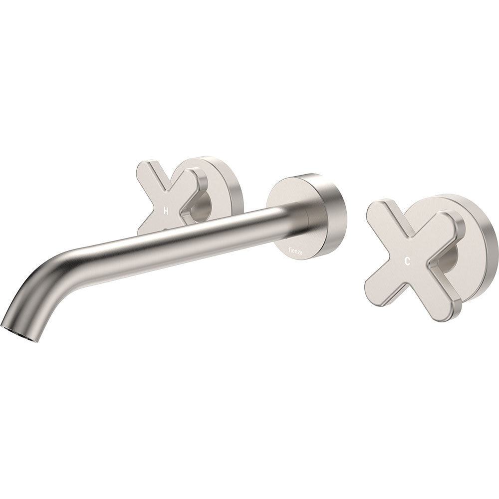 Fienza Kaya Cross Taps Wall Basin/Bath 220mm Outlet Set, Brushed Nickel